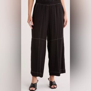 ADRIANNA PAPELL SAGE WIDE-LEG PANT CRINKLE TOP STITCH PANTS WOMEN BLACK/WHITE M*